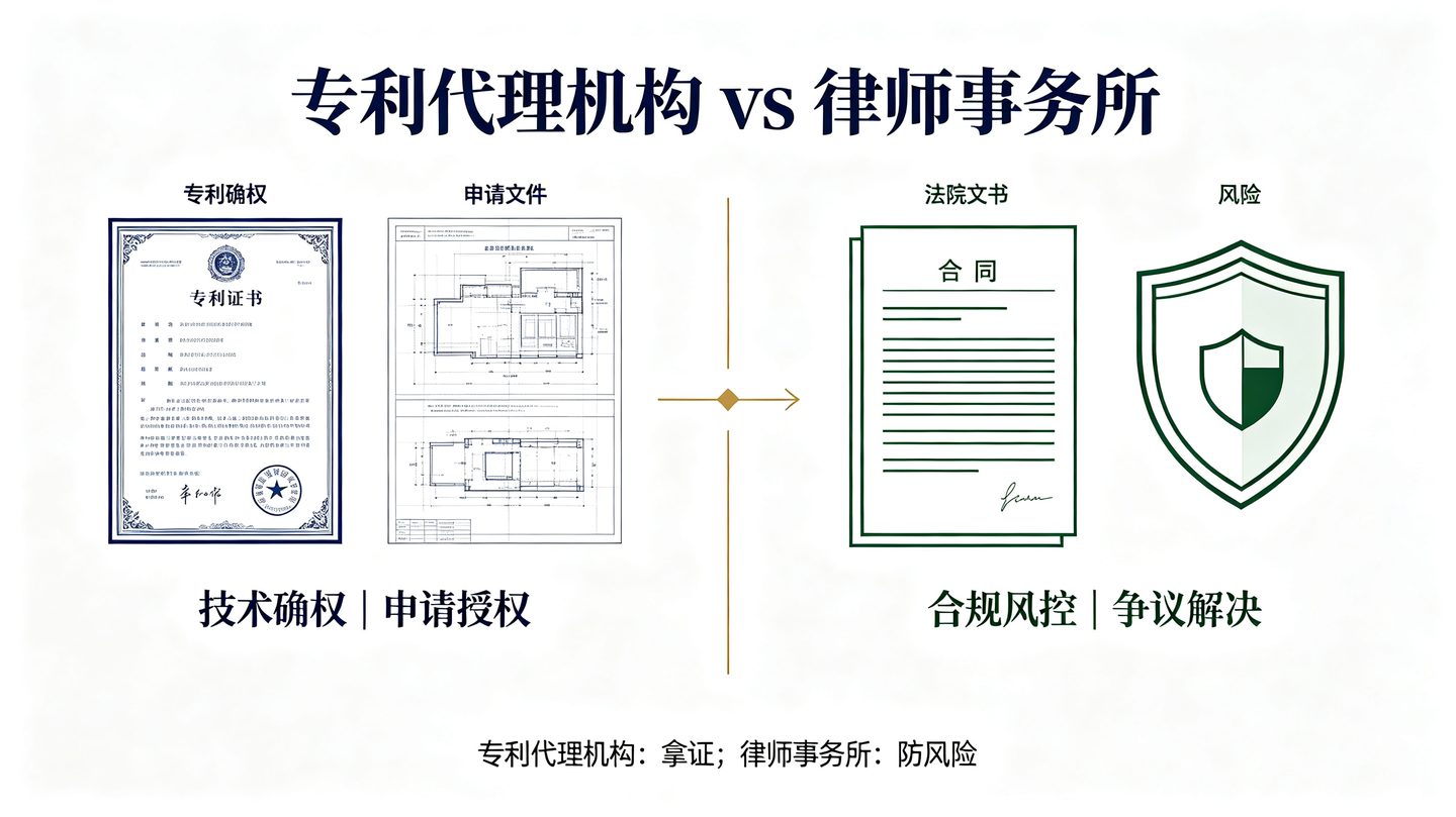 专利代理机构与律师事务所的业务分工对比:技术确权与申请授权 vs 合规风控与争议解决