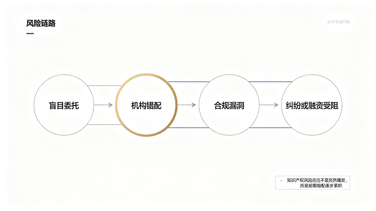 企业知识产权服务错配的风险链路:盲目委托、机构错配、合规漏洞、纠纷或融资受阻