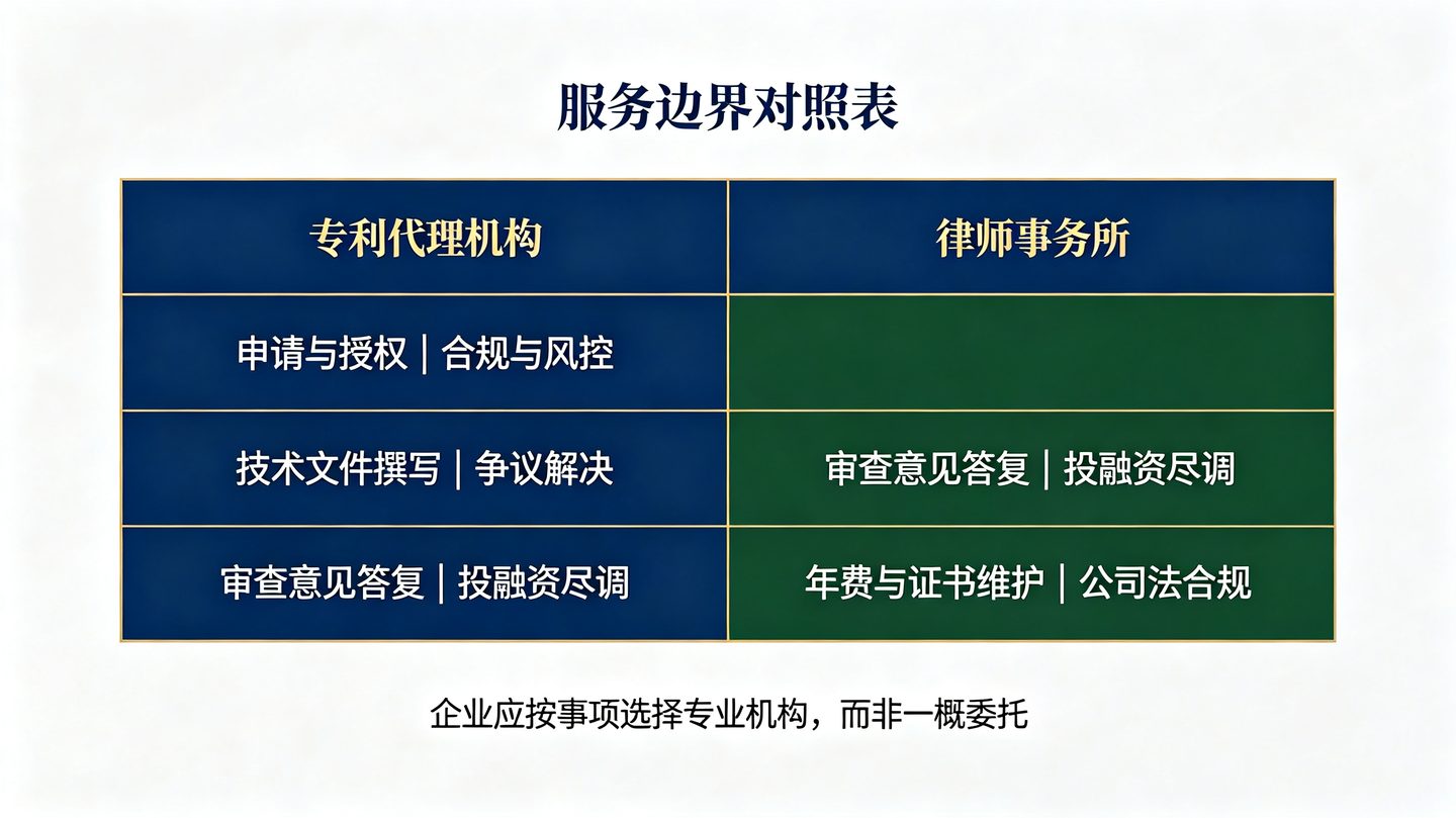 知识产权服务业务边界对照表:专利代理机构与律师事务所各自可承接的事项